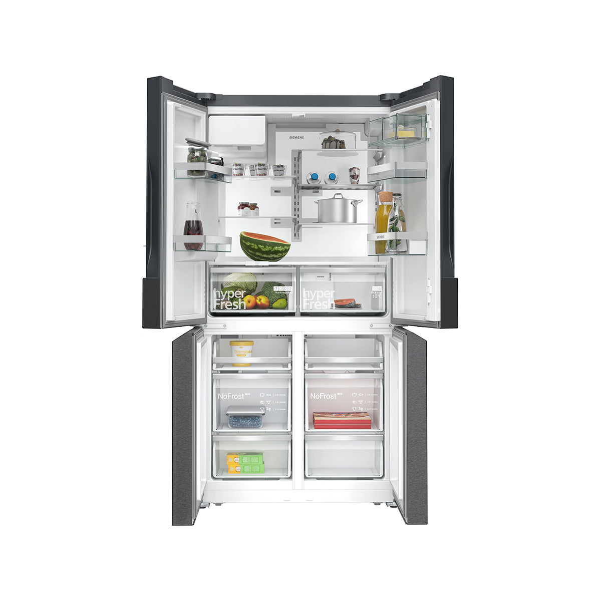 Siemens KF96DPXEA iQ700 Freestanding Multi Door American Fridge Freezer, 375/199 Litre, Total noFrost, 90.5cm Wide - Brushed Black Steel, Anti-Fingerprint