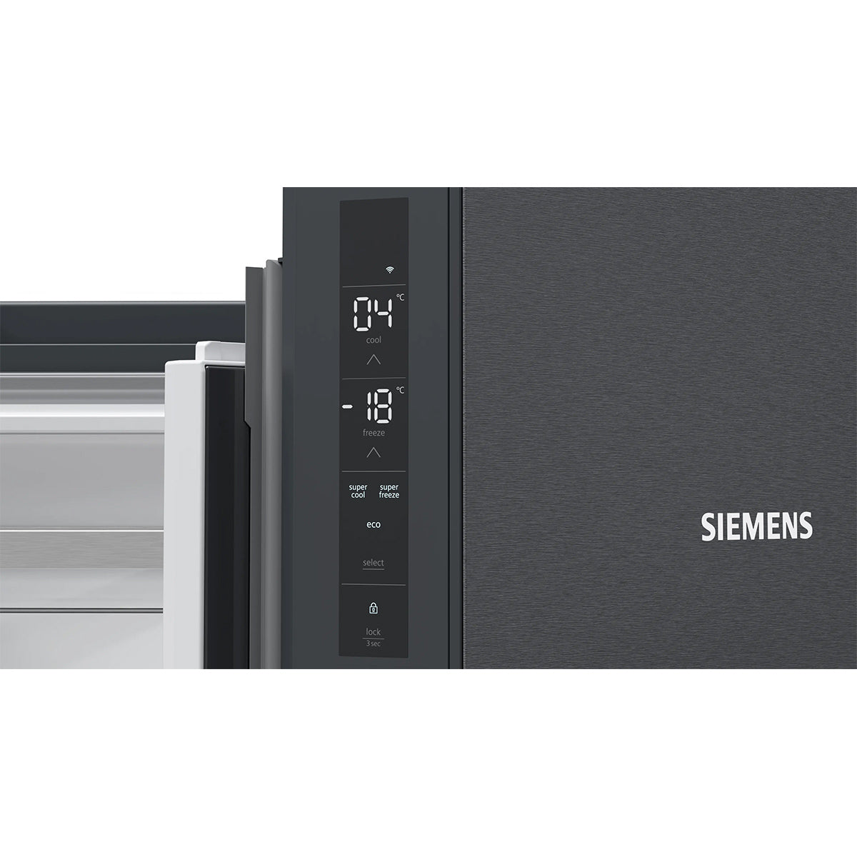 Siemens KF96NAXEAG iQ300 Freestanding Multi Door American Fridge Freezer, 405/200 Litre, Total noFrost, 90.5cm Wide - Brushed Black Steel, Anti-Fingerprint