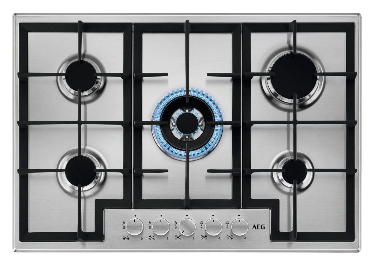 AEG HGX75400SM 75cm wide 5 burner gas hob with Triple crown burner. Black/Silver controls. Cast iro