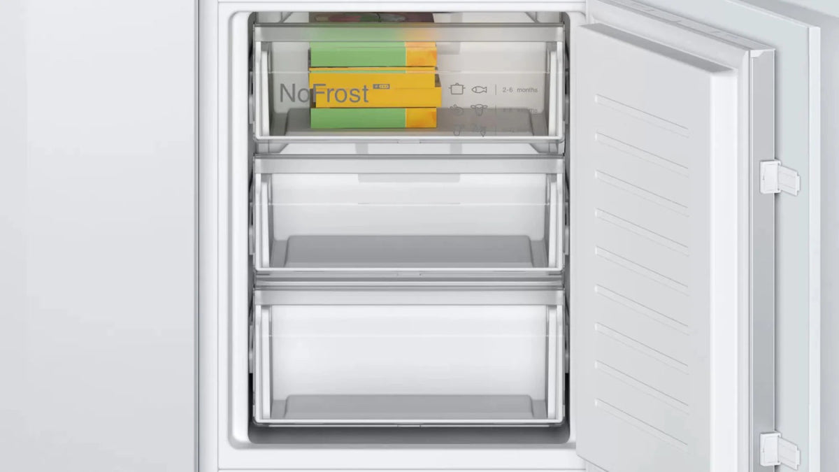 Bosch KIN86NSE0G No Frost Integrated Fridge Freezer, Sliding Hinge, 60/40, White | Atlantic Electrics