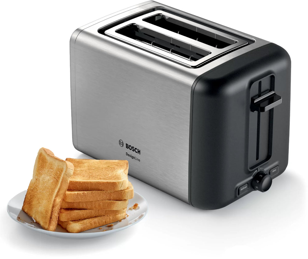 Bosch TAT3P420GB 2 Slot Toaster with variable controls - Silver & Black | Atlantic Electrics