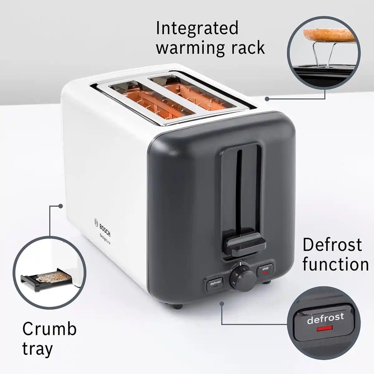 Bosch TAT3P421GB 2 Slice Toaster 970 W, White | Atlantic Electrics