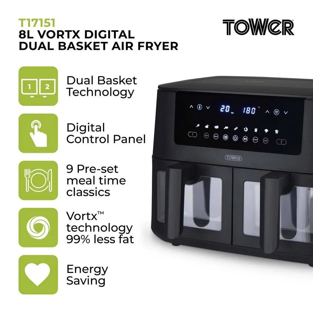 Tower T17151 8 Litre Digital Dual Basket Air Fryer - Black | Atlantic Electrics