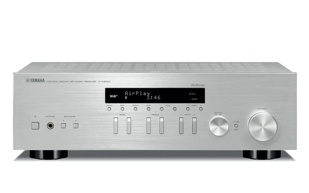 YAMAHA RN303D Silver MusicCast Stereo Receiver with Wi-Fi, Bluetooth (Manufacturer Refurbished) | Atlantic Electrics - 42265293258975 