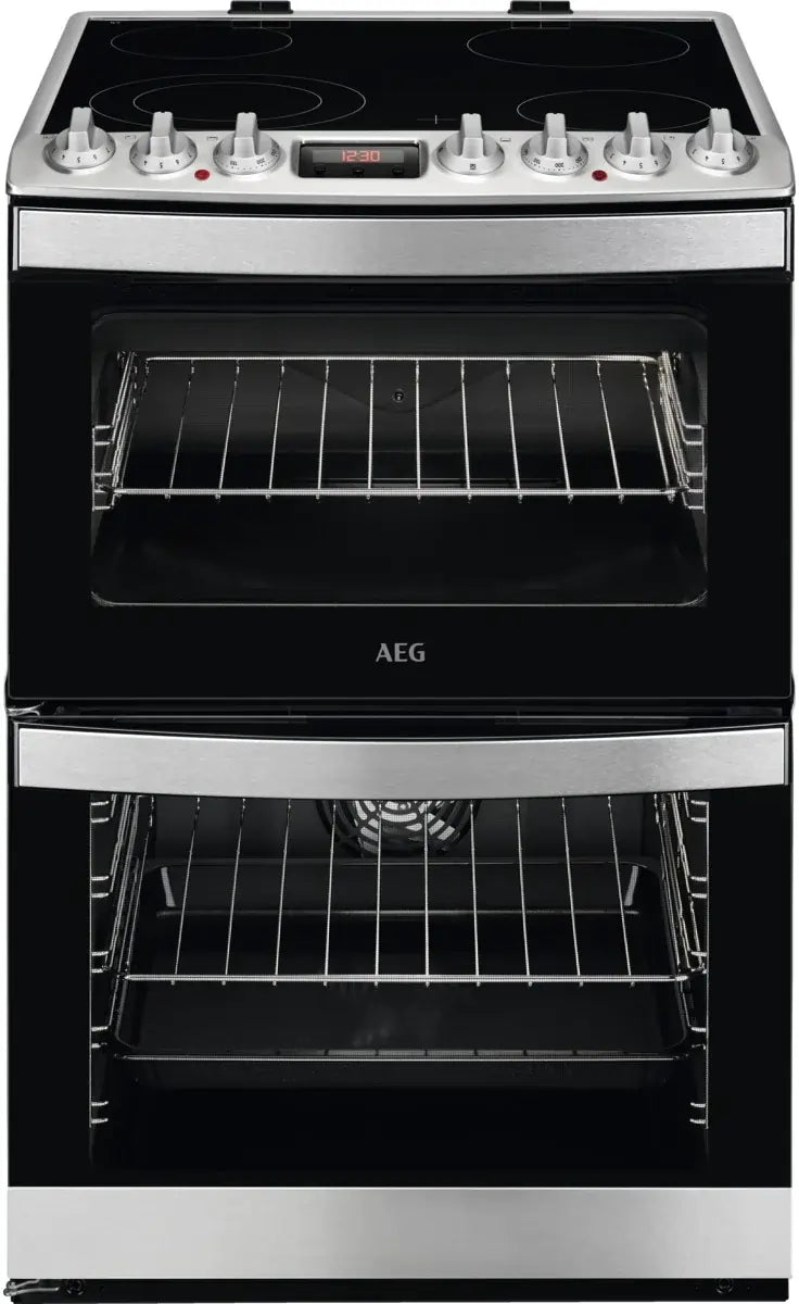 AEG CCB6740ACM SteamBake Ceramic Electric Cooker - 60cm Double Oven with Ceramic Hob, Grill, Auto-Stop Anti-Tip Chrome Shelves - Atlantic Electrics - 40157484843231 
