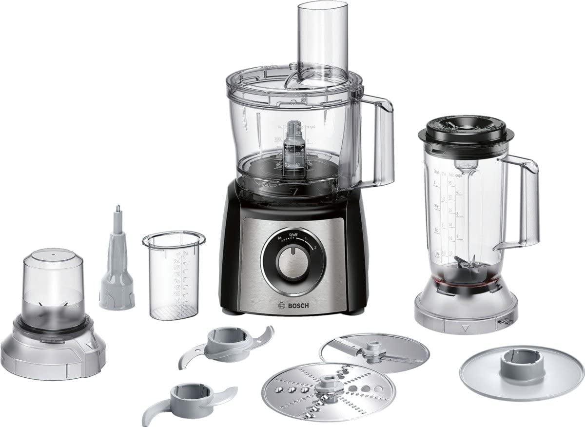 Bosch MutiTalent3 MCM3501MGB 2.3 Litre Food Processor, Plastic, 800W With 11 Accessories - Stainless Steel | Atlantic Electrics