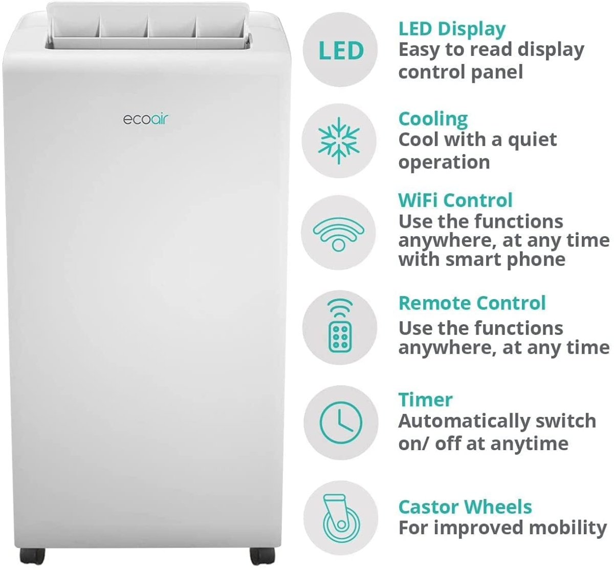 EcoAir Crystal MK2 12000 BTU R290 WiFi Portable Air Conditioning, 3 Fan Speeds, Remote Control, Class A With Carbon Filter | Atlantic Electrics