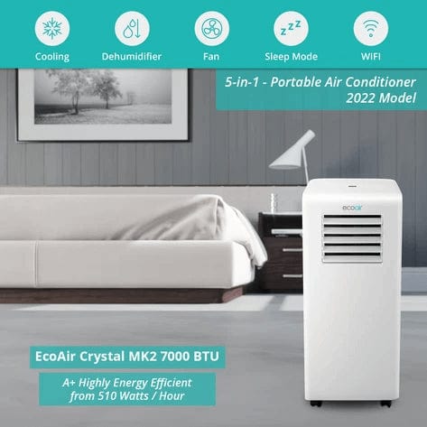 EcoAir Crystal MK2 7000 BTU Low Energy Portable Air Conditioner Cooling Class A+ | 5-in-1 with Wifi - Atlantic Electrics - 39477823209695 