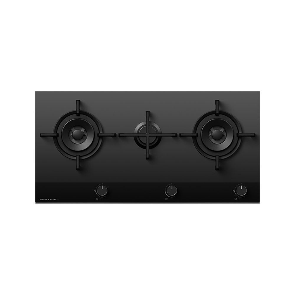 Fisher & Paykel CG903DNGGB4 Gas on Glass Hob, 3 Burners Two Dual Wok Burners, 90cm Wide- Black Glass | Atlantic Electrics - 39477834219743 