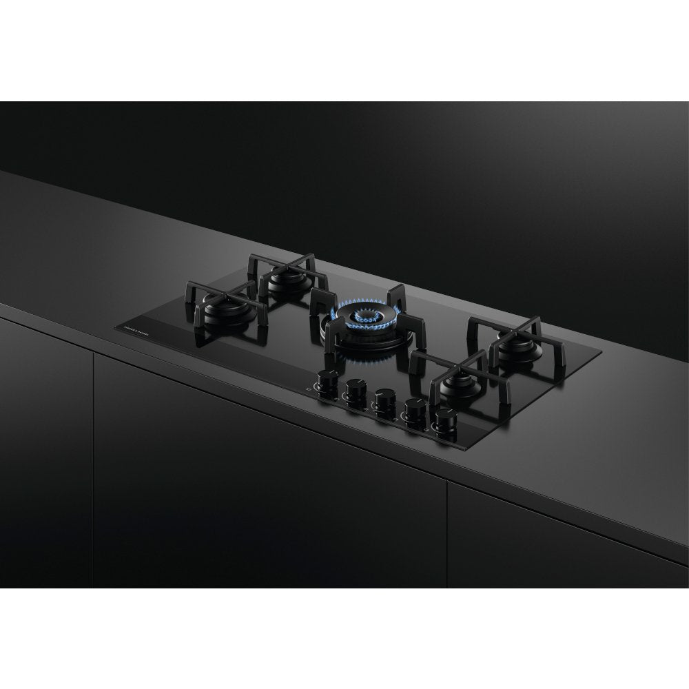 Fisher + Paykel CG905DNGGB4 90cm Wide Gas on Glass Hob, 5 Burners - Black Glass | Atlantic Electrics