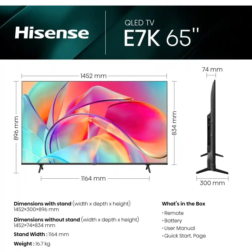 Hisense 75E7KQTUK 75" 4K HDR UHD Smart QLED TV Dolby Vision & Atmos | Atlantic Electrics