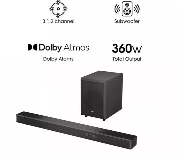 Hisense AX3120G 3.1.2Ch Dolby Atmos Soundbar & Wireless Subwoofer - Black | Atlantic Electrics - 40626439160031 