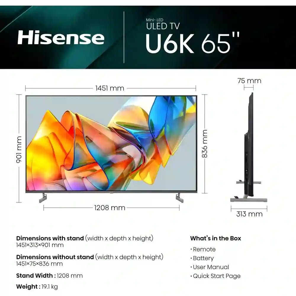 Hisense U6 Series 65U6KQTUK 65" QNED 4K Ultra HD Mini-LED Smart TV - Grey | Atlantic Electrics - 40452162027743 