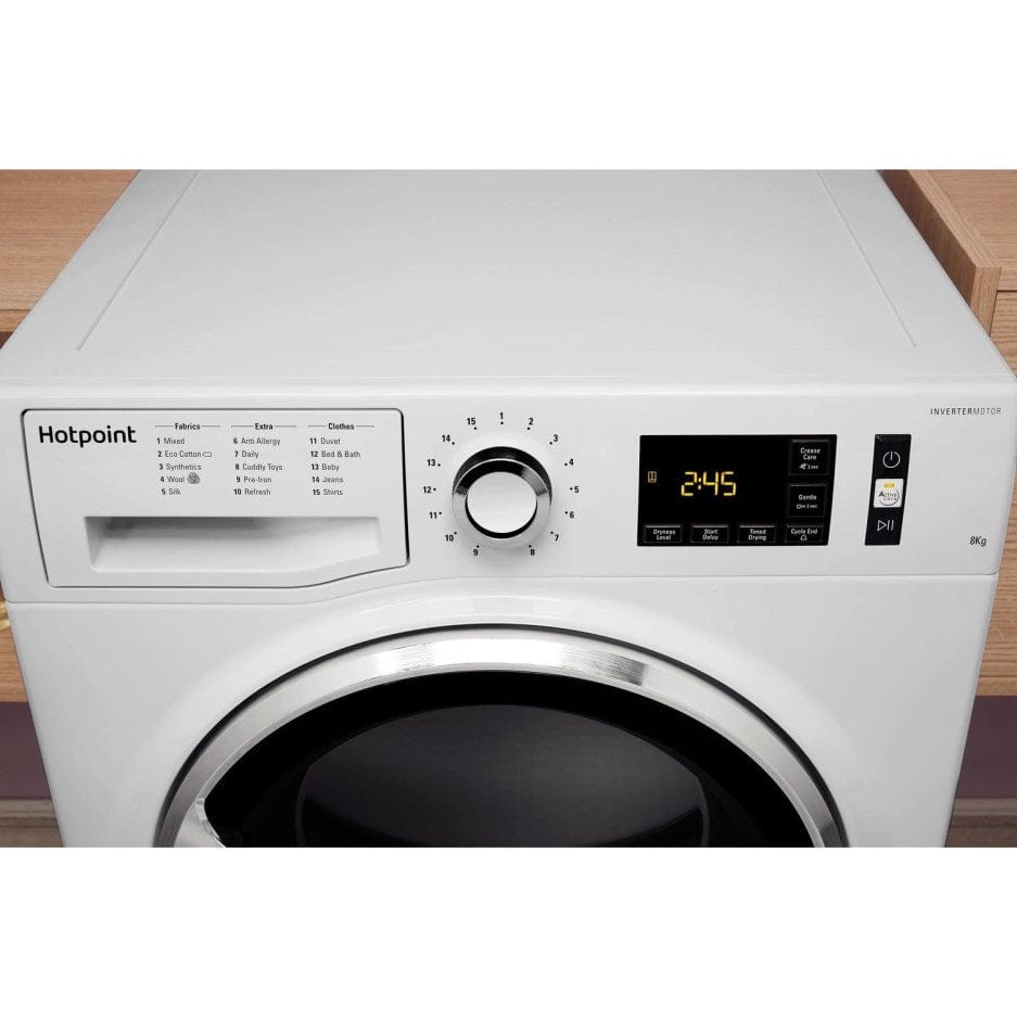 Hotpoint ActiveCare NTM1182XBUK 8Kg Heat Pump Tumble Dryer - White | Atlantic Electrics - 39477910896863 