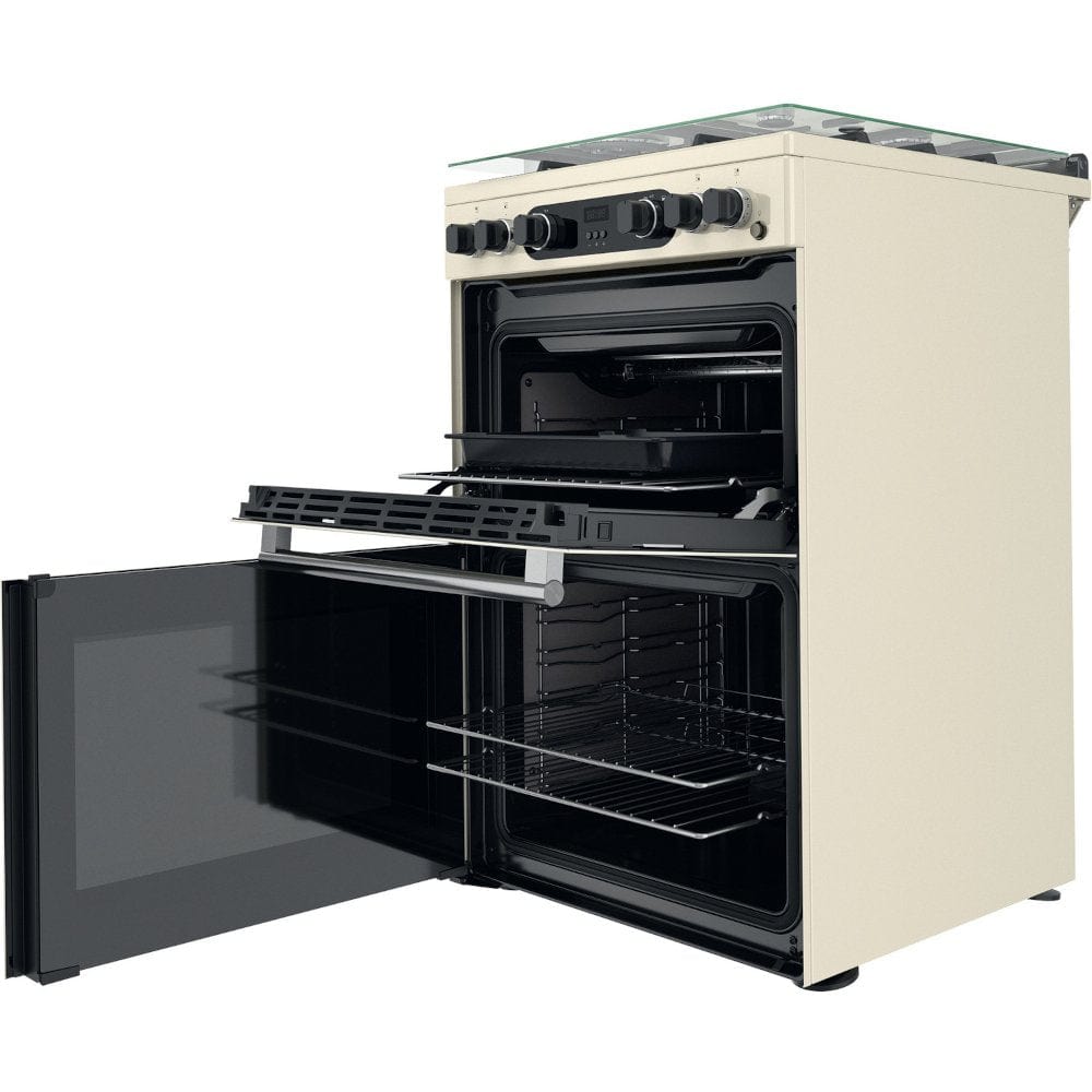 Hotpoint CD67G0C2CJ 60cm Gas Cooker in Cream Twin Cavity Oven Gas Hob Jasmin Cream | Atlantic Electrics