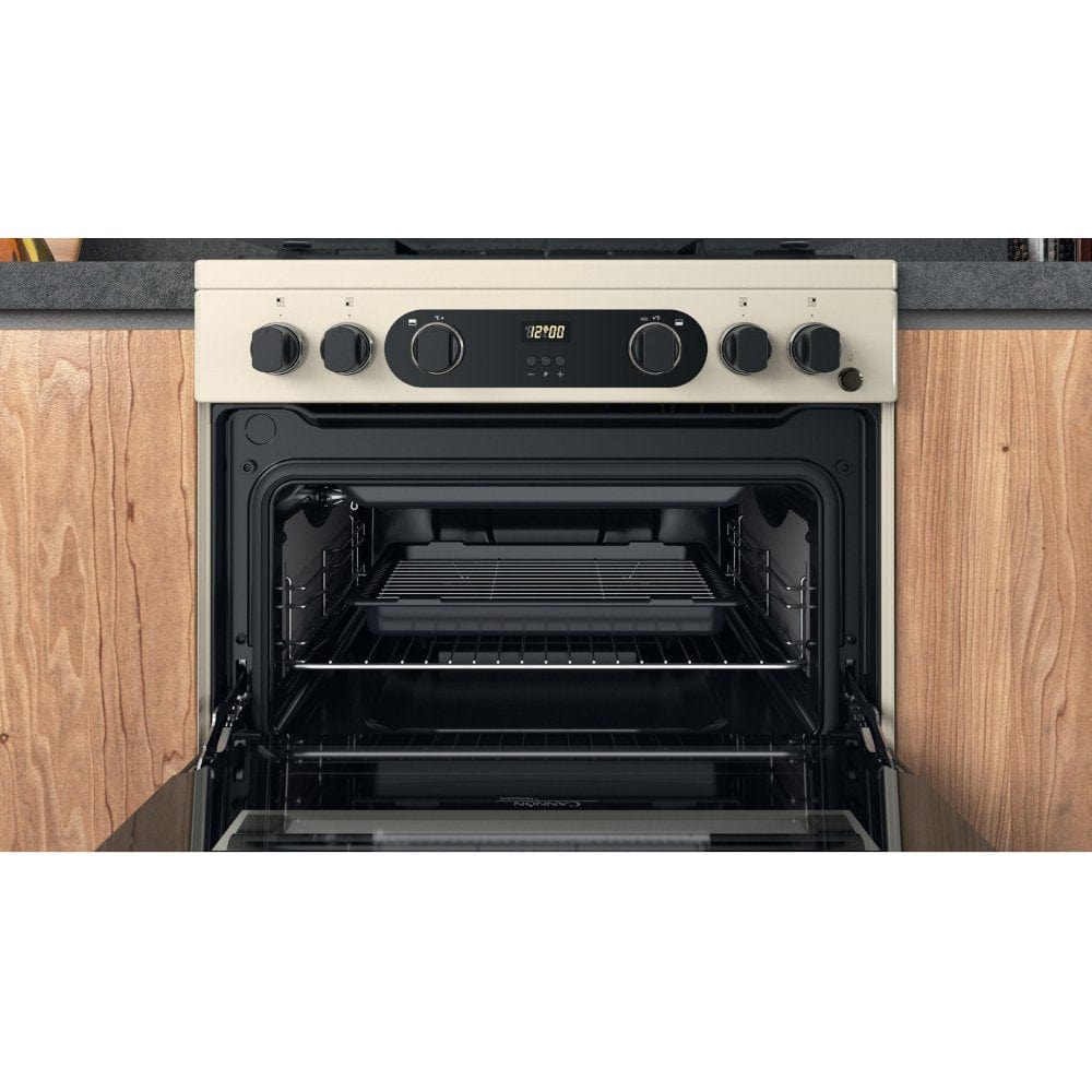 Hotpoint CD67G0C2CJ 60cm Gas Cooker in Cream Twin Cavity Oven Gas Hob Jasmin Cream | Atlantic Electrics