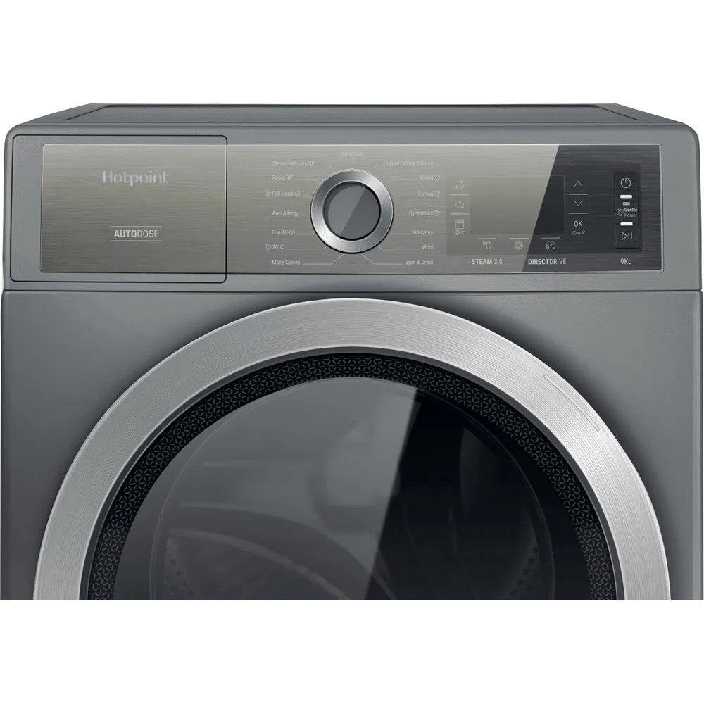 Hotpoint H8W946SBUK 9Kg Freestanding Washing Machine, 1400 rpm, 59.9cm Wide - Silver | Atlantic Electrics - 39478014869727 