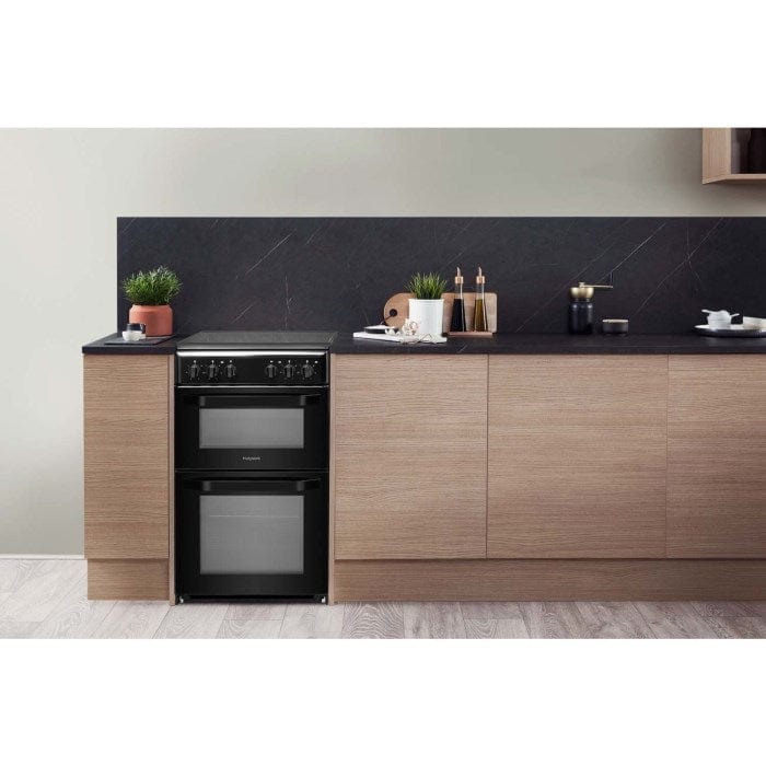 Hotpoint HD5V92KCB 50cm Double Cavity Electric Cooker With Ceramic Hob - Black - Atlantic Electrics - 39477935538399 