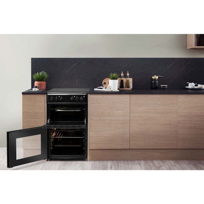 Hotpoint HD5V92KCB 50cm Double Cavity Electric Cooker With Ceramic Hob - Black - Atlantic Electrics - 39477935374559 