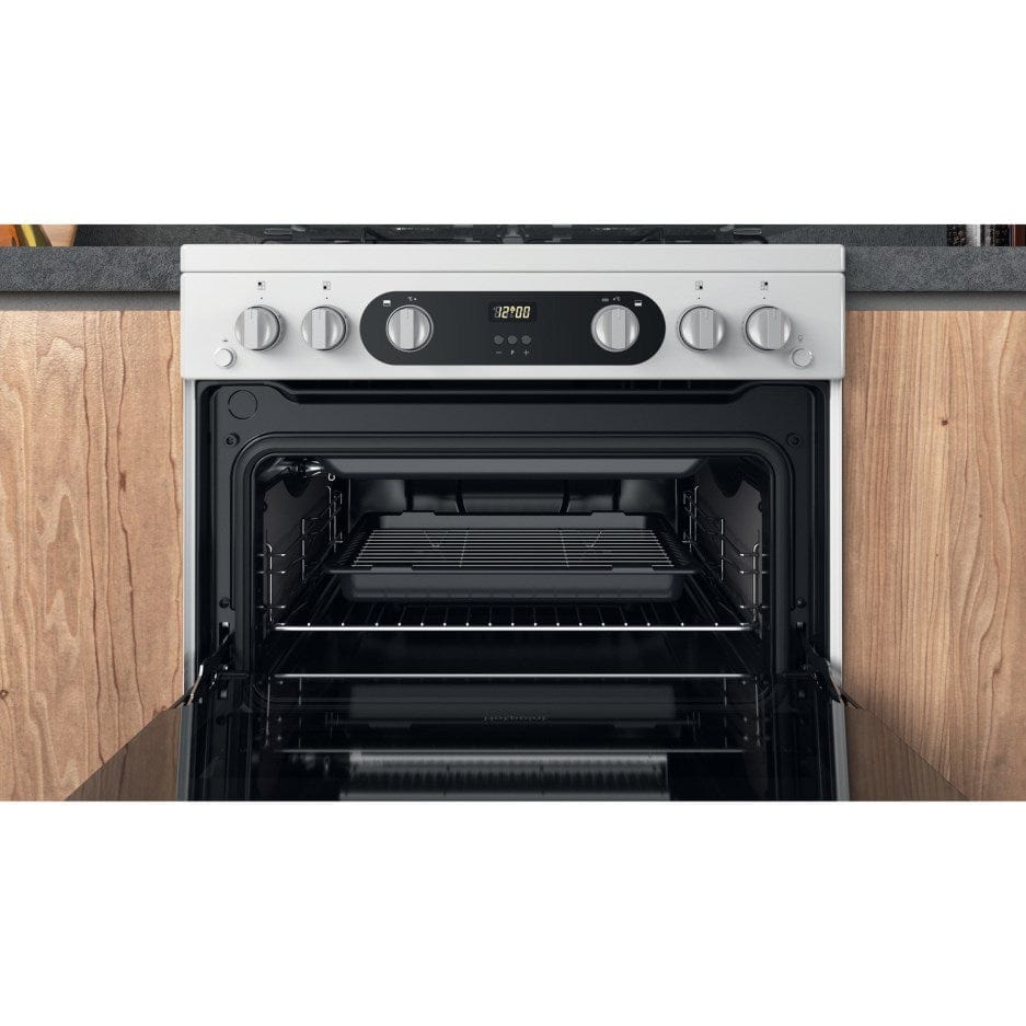 Hotpoint HD67G02CCW 60cm Gas Cooker in White Twin Cavity Oven Gas Hob | Atlantic Electrics