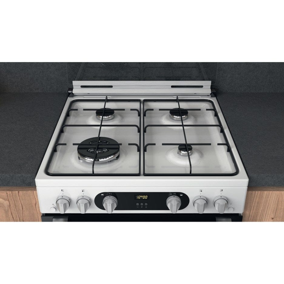 Hotpoint HD67G02CCW 60cm Gas Cooker in White Twin Cavity Oven Gas Hob | Atlantic Electrics