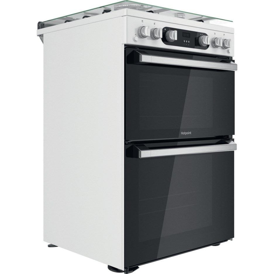 Hotpoint HD67G02CCW 60cm Gas Cooker in White Twin Cavity Oven Gas Hob | Atlantic Electrics