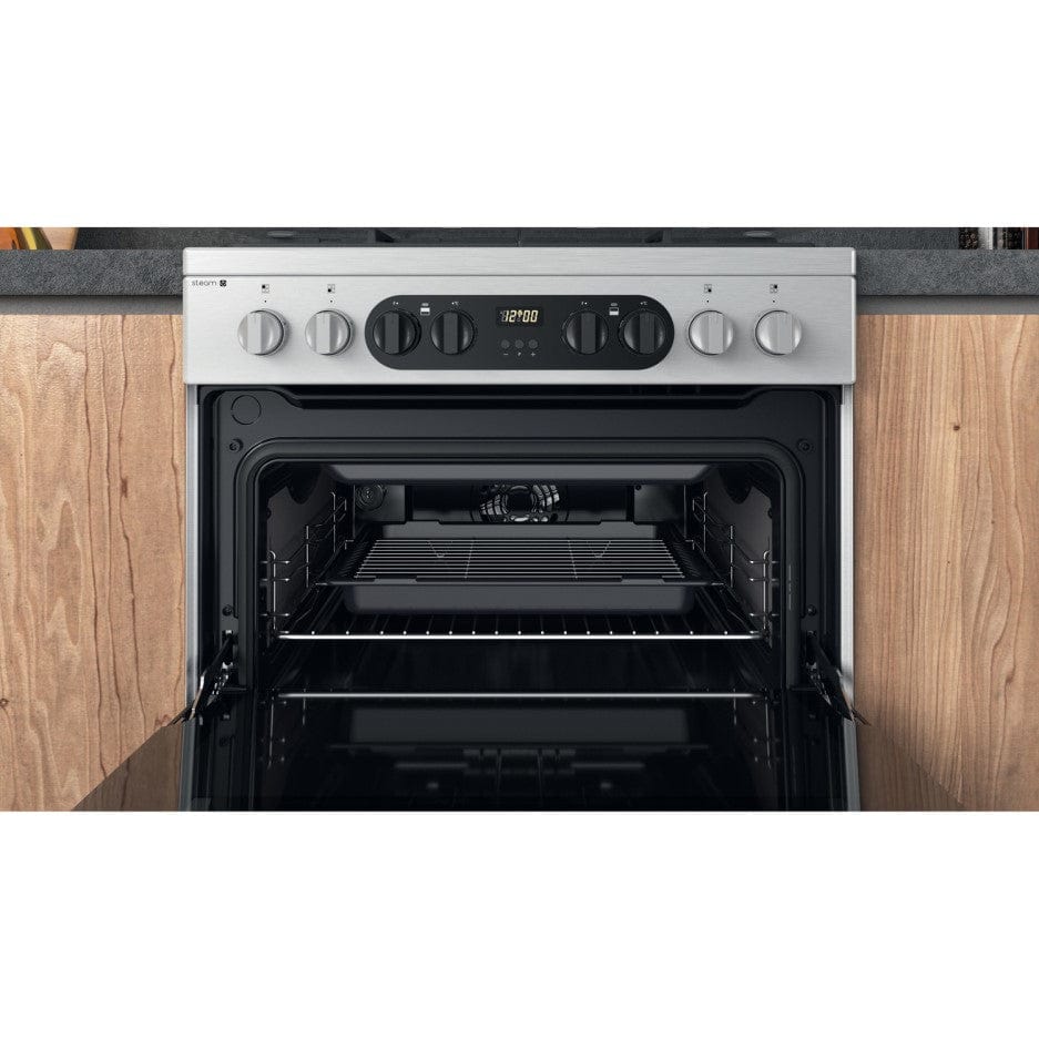 Hotpoint HD67G8CCX 60cm Dual Fuel Cooker Double Oven Gas Hob Stainless Steel | Atlantic Electrics