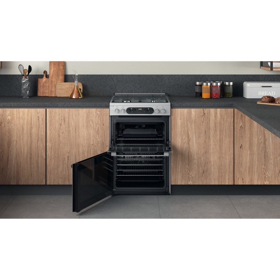 Hotpoint HD67G8CCX 60cm Dual Fuel Cooker Double Oven Gas Hob Stainless Steel | Atlantic Electrics