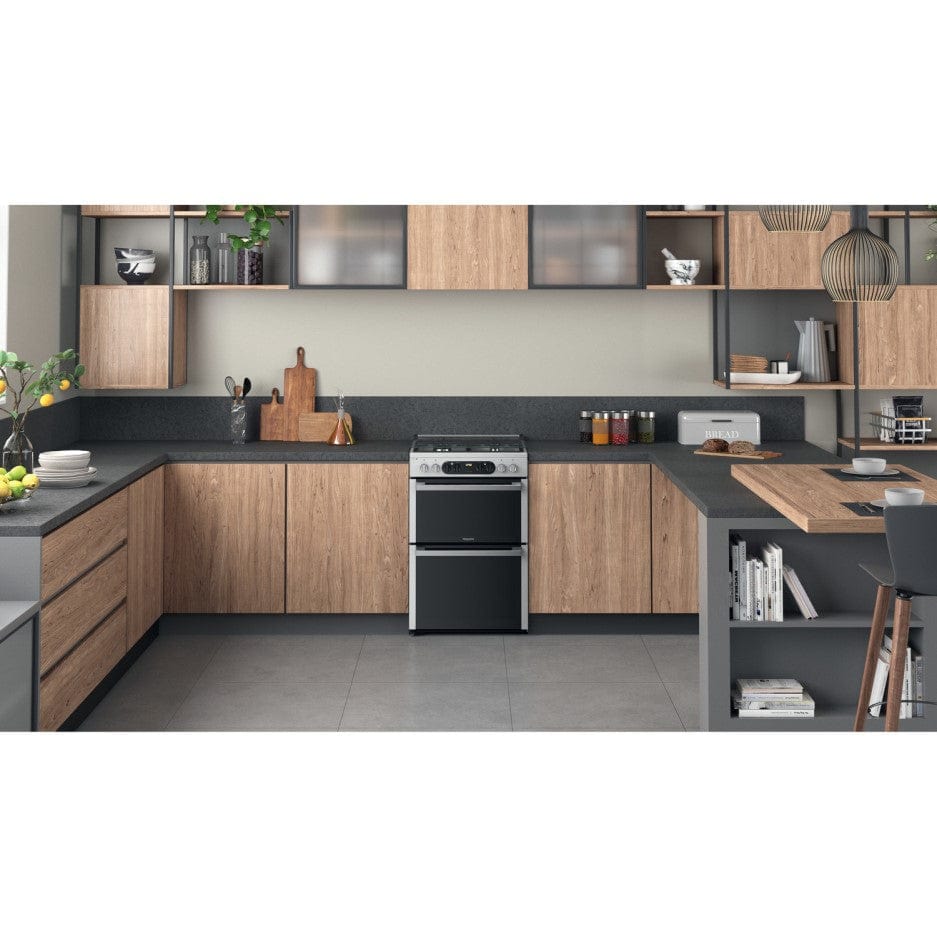 Hotpoint HD67G8CCX 60cm Dual Fuel Cooker Double Oven Gas Hob Stainless Steel | Atlantic Electrics