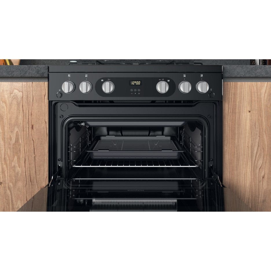 Hotpoint HDM67G0C2CB 60cm Gas Cooker in Black Twin Cavity Oven Gas Hob | Atlantic Electrics