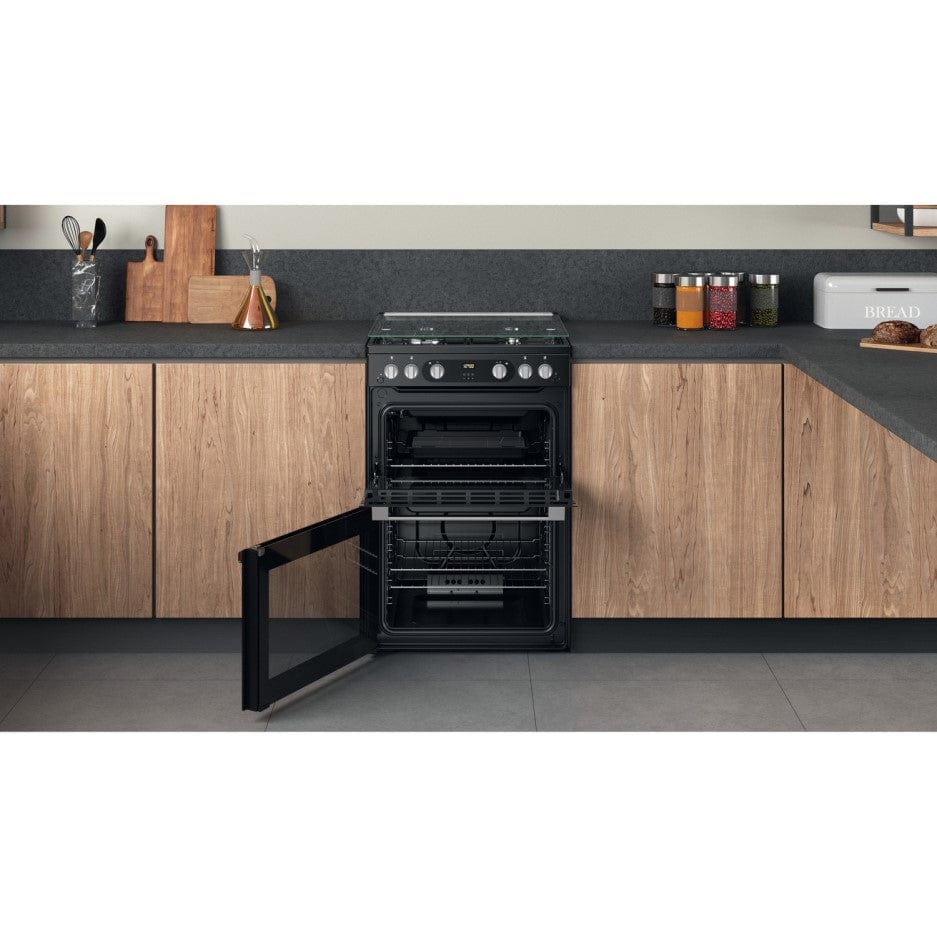 Hotpoint HDM67G0C2CB 60cm Gas Cooker in Black Twin Cavity Oven Gas Hob | Atlantic Electrics