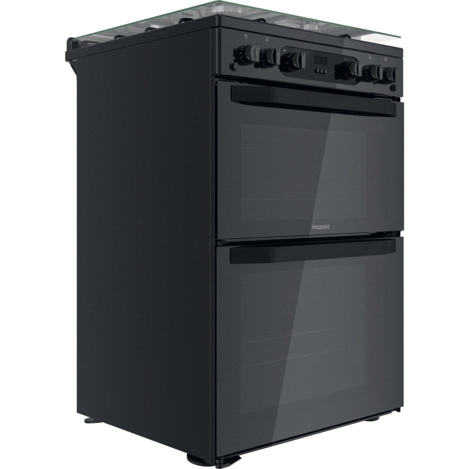 Hotpoint HDM67G0CCB 60cm Gas Cooker in Black Twin Cavity Oven Gas Hob | Atlantic Electrics