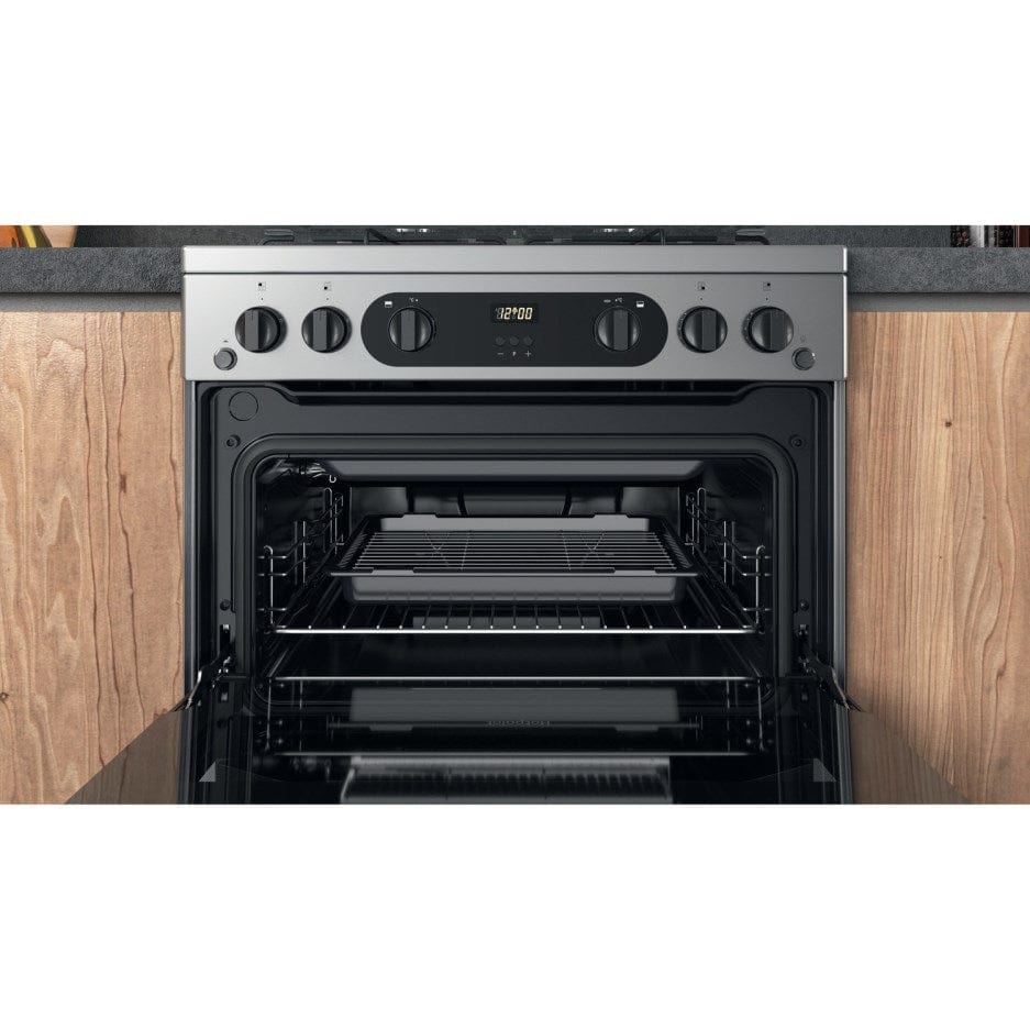 Hotpoint HDM67G0CCX 60cm Gas Double Oven Cooker Inox with Black Controls | Atlantic Electrics