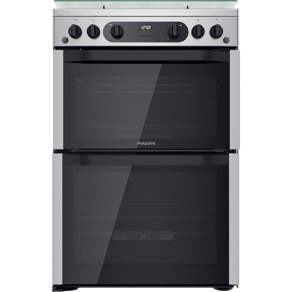 Hotpoint HDM67G0CCX 60cm Gas Double Oven Cooker Inox with Black Controls - Atlantic Electrics