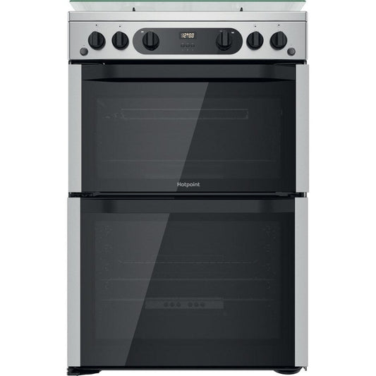 Hotpoint HDM67G0CCX 60cm Gas Double Oven Cooker Inox with Black Controls | Atlantic Electrics