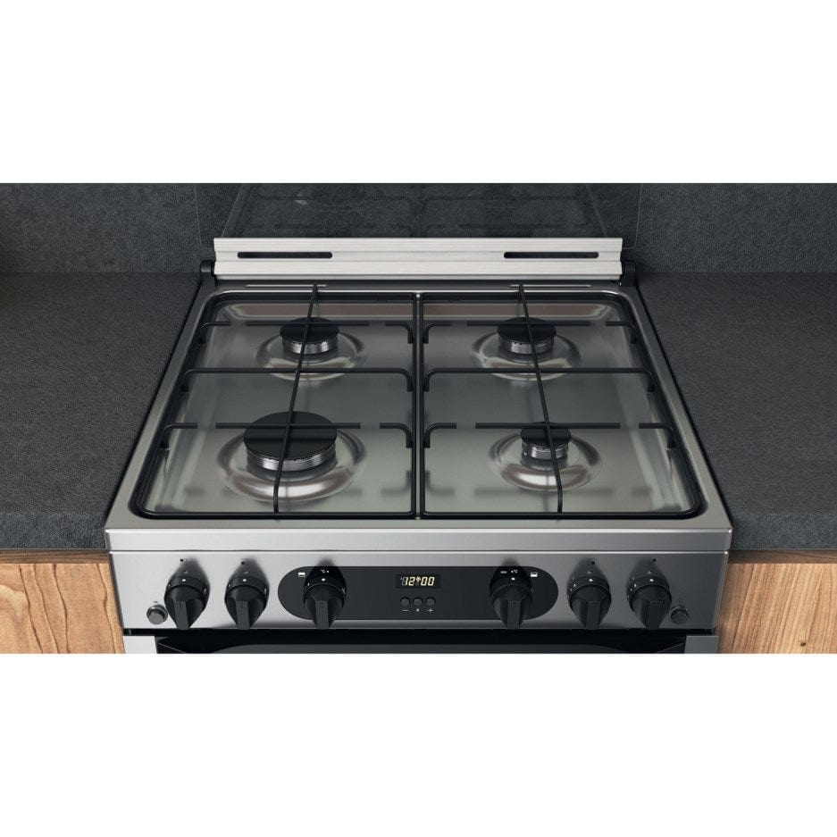 Hotpoint HDM67G0CCX 60cm Gas Double Oven Cooker Inox with Black Controls | Atlantic Electrics