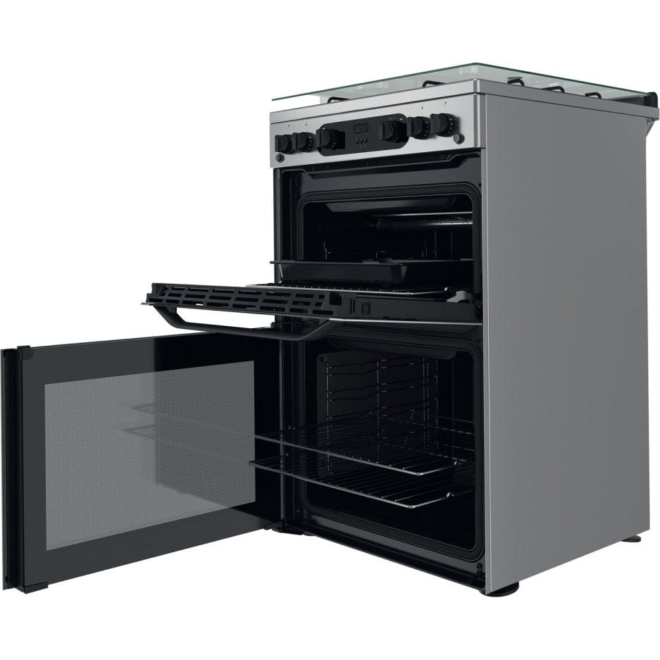 Hotpoint HDM67G0CCX 60cm Gas Double Oven Cooker Inox with Black Controls - Atlantic Electrics