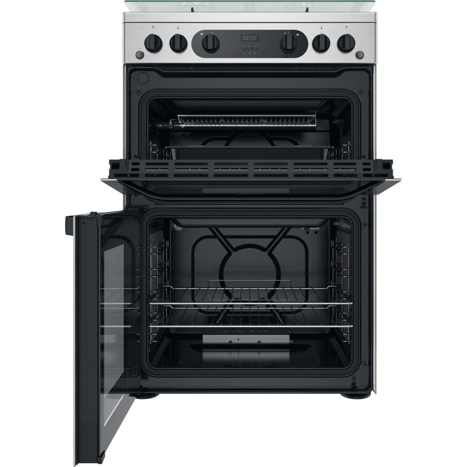 Hotpoint HDM67G0CCX 60cm Gas Double Oven Cooker Inox with Black Controls | Atlantic Electrics