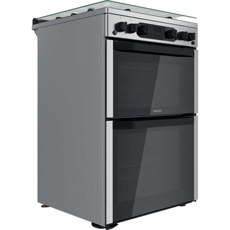 Hotpoint HDM67G0CCX 60cm Gas Double Oven Cooker Inox with Black Controls | Atlantic Electrics