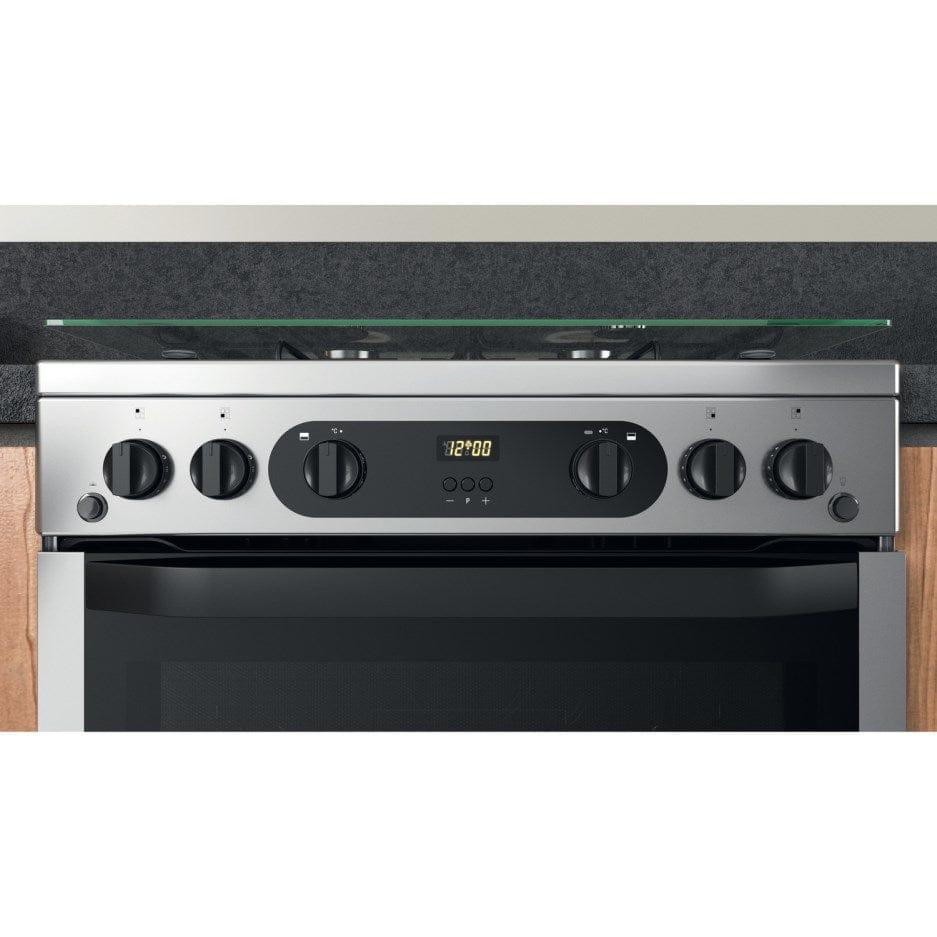 Hotpoint HDM67G0CCX 60cm Gas Double Oven Cooker Inox with Black Controls | Atlantic Electrics