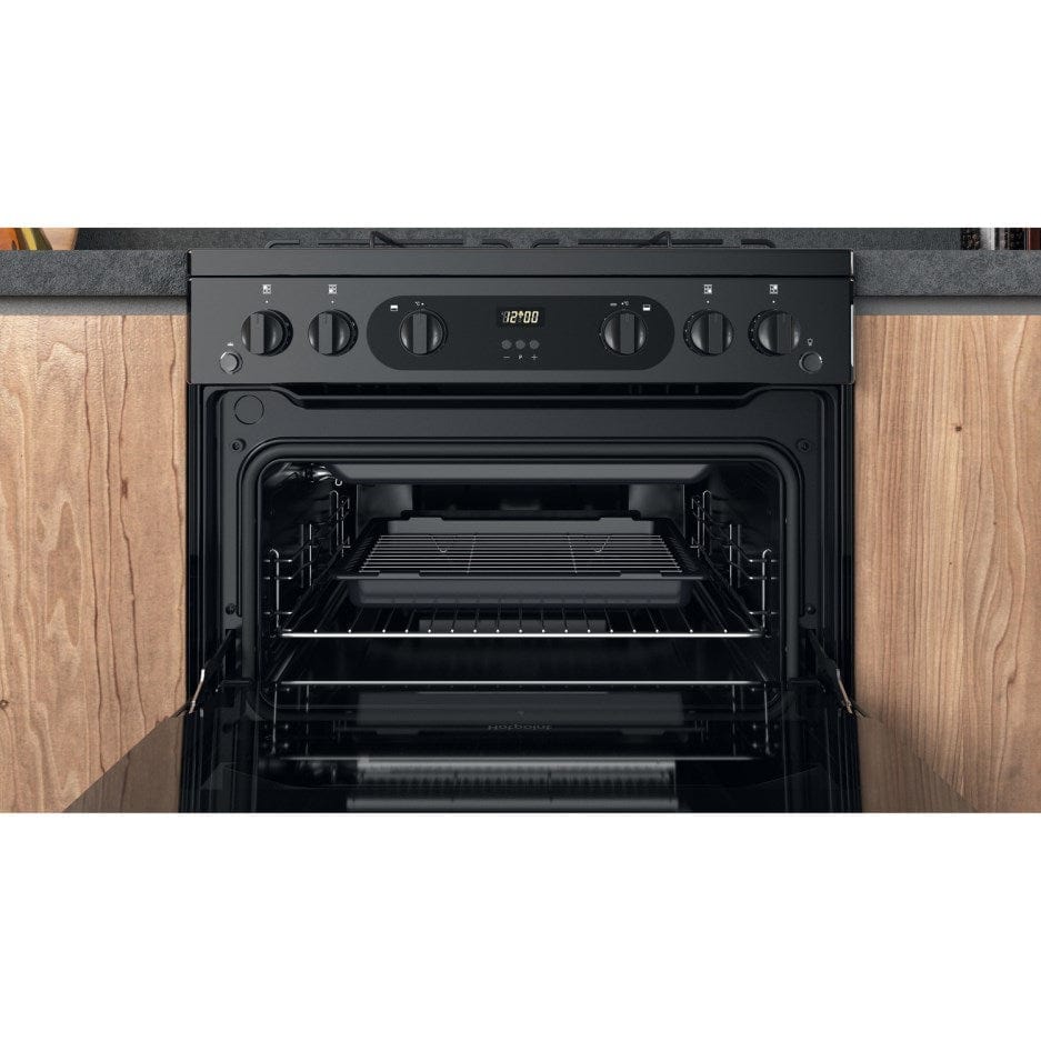 Hotpoint HDM67G0CMB 60cm Gas Cooker in Black Twin Cavity Oven Gas Hob | Atlantic Electrics