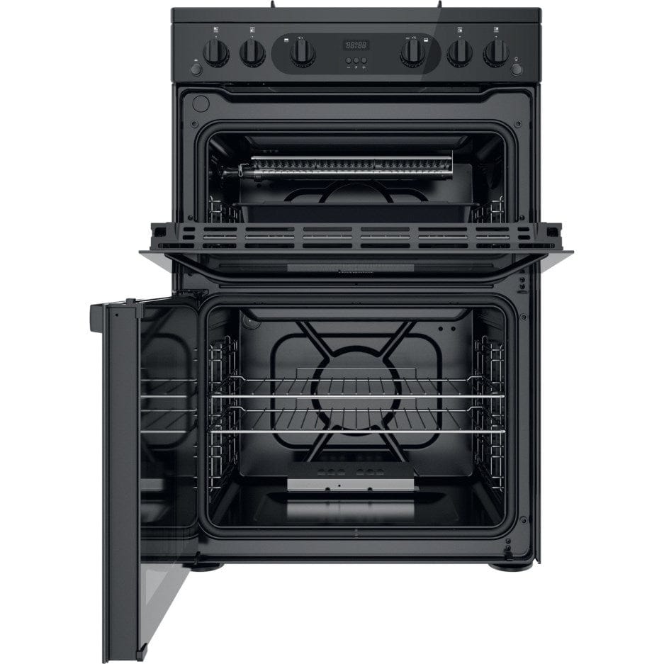 Hotpoint HDM67G0CMB 60cm Gas Cooker in Black Twin Cavity Oven Gas Hob | Atlantic Electrics
