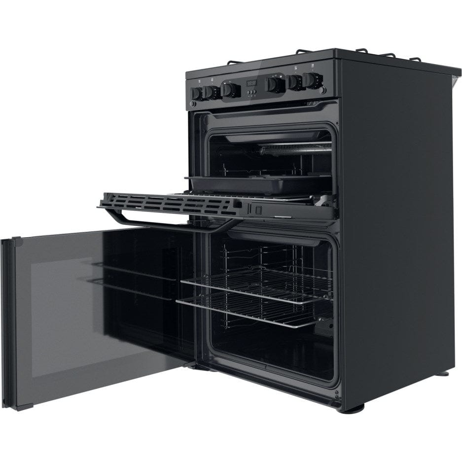 Hotpoint HDM67G0CMB 60cm Gas Cooker in Black Twin Cavity Oven Gas Hob - Atlantic Electrics - 39477936849119 