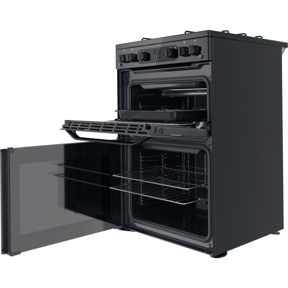 Hotpoint HDM67G0CMB 60cm Gas Cooker in Black Twin Cavity Oven Gas Hob | Atlantic Electrics