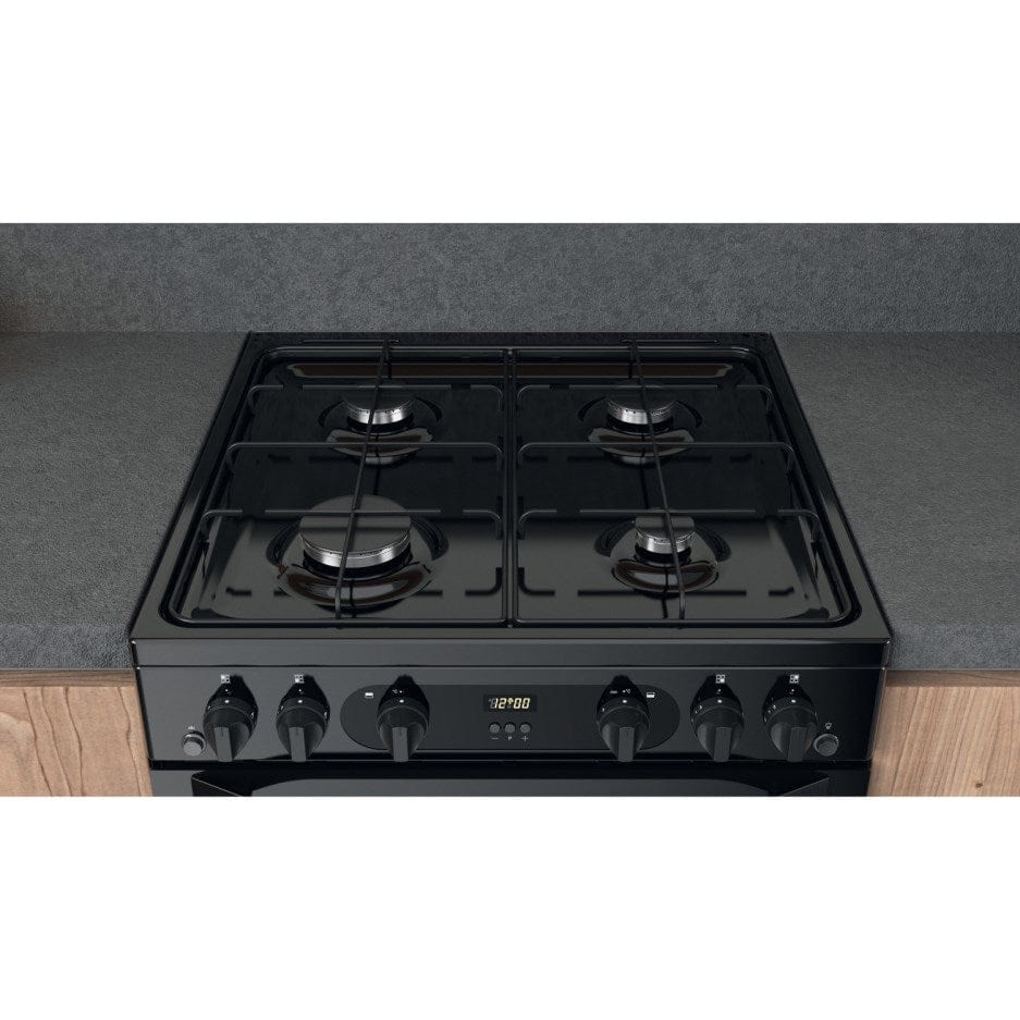Hotpoint HDM67G0CMB 60cm Gas Cooker in Black Twin Cavity Oven Gas Hob | Atlantic Electrics