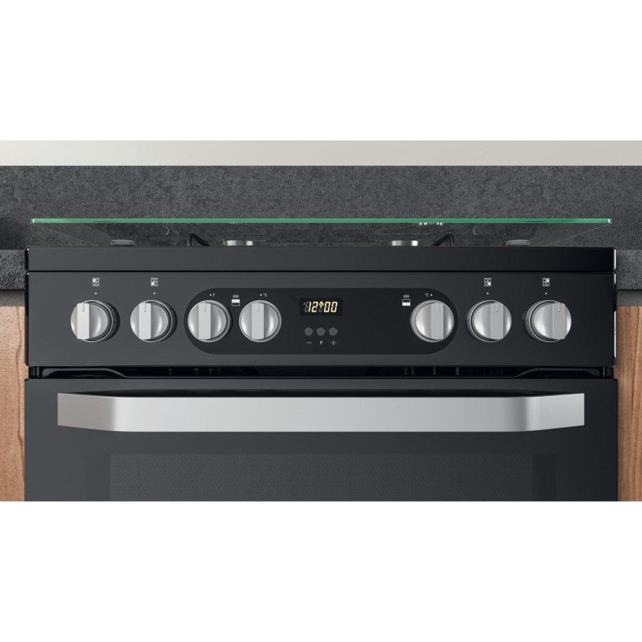 Hotpoint HDM67G9C2CB 60cm Dual Fuel Cooker in Black Double Oven Gas Hob | Atlantic Electrics
