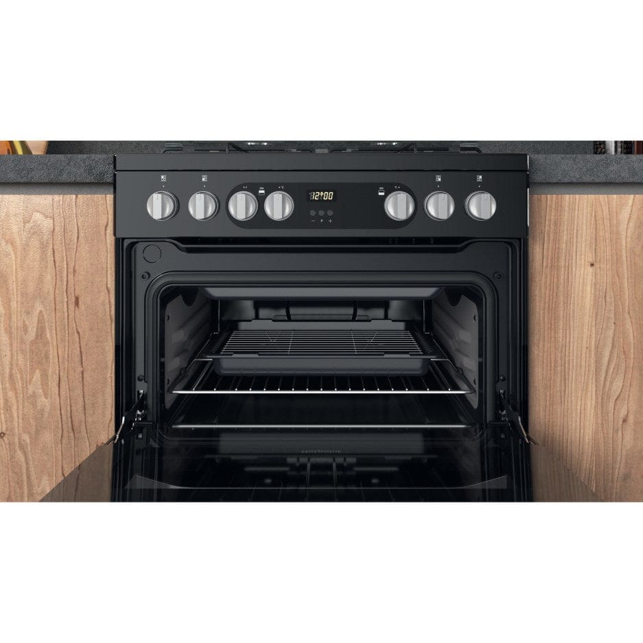 Hotpoint HDM67G9C2CB 60cm Dual Fuel Cooker in Black Double Oven Gas Hob | Atlantic Electrics