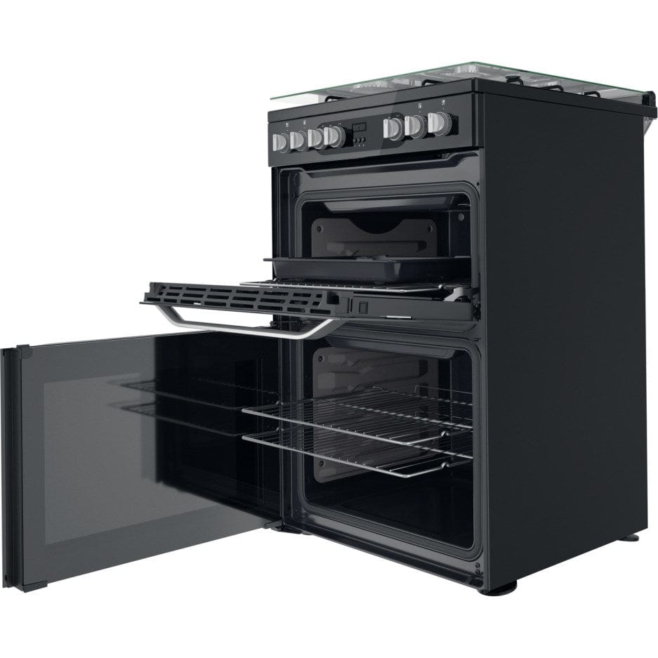 Hotpoint HDM67G9C2CB 60cm Dual Fuel Cooker in Black Double Oven Gas Hob | Atlantic Electrics