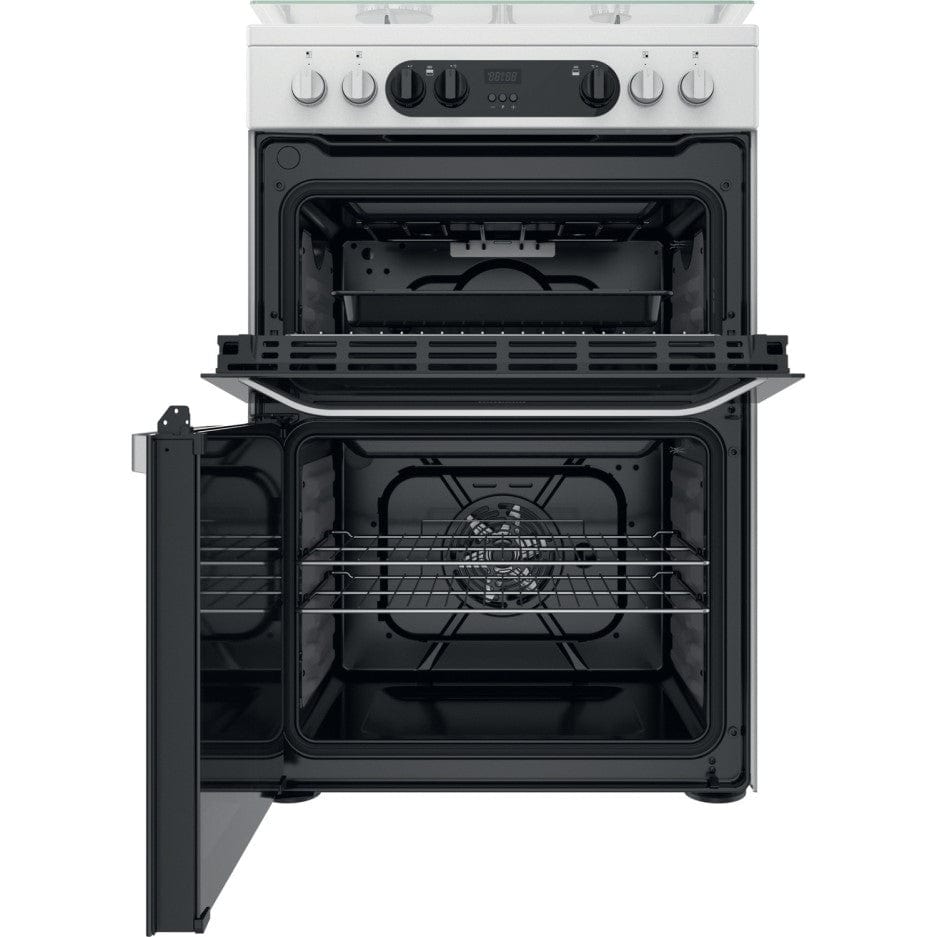 Hotpoint HDM67G9C2CW 60cm Dual Fuel Cooker in White Double Oven Gas Hob | Atlantic Electrics