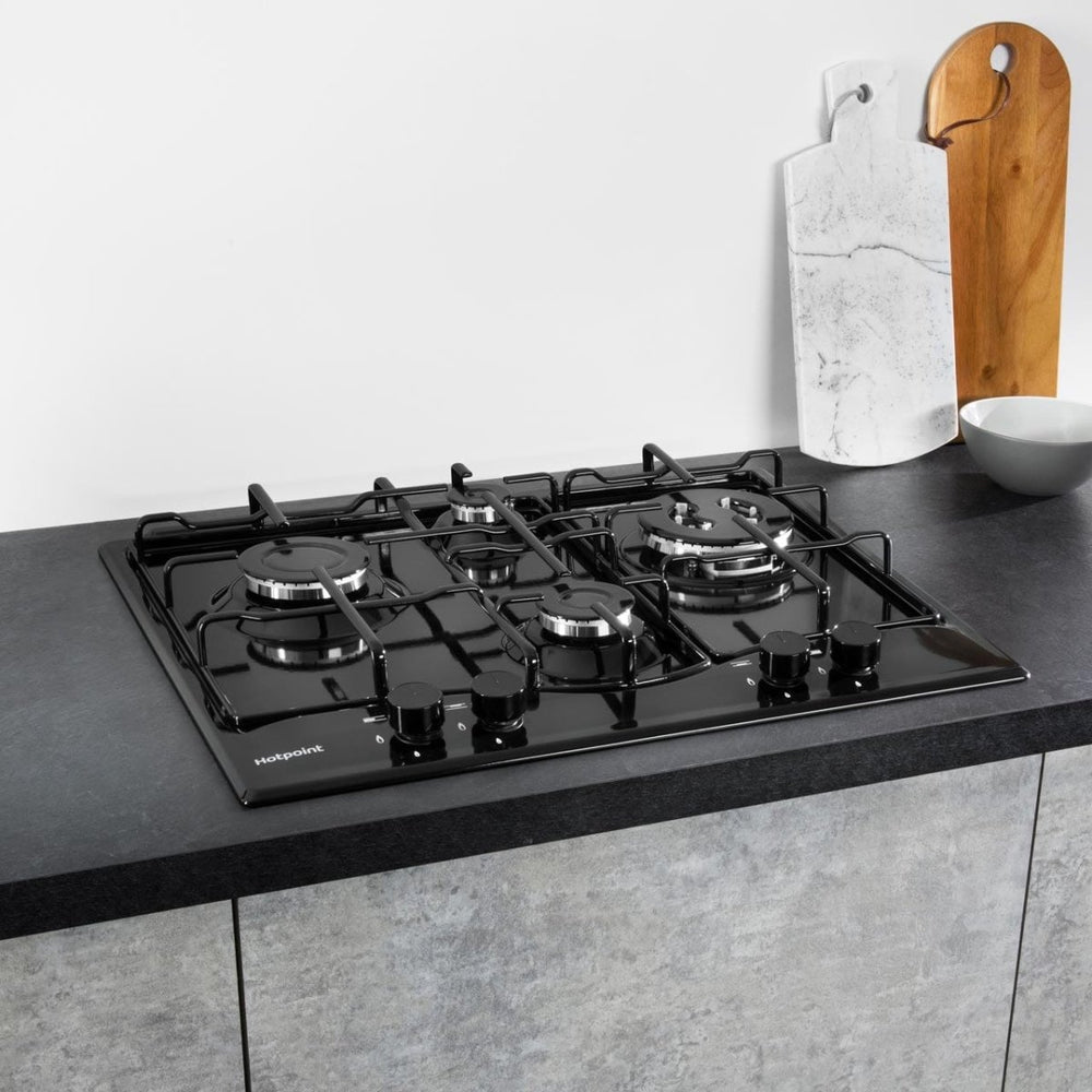 Hotpoint PCN642HBK 60cm Four Burner Gas Hob Black | Atlantic Electrics - 39478041903327 
